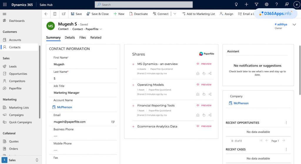 Paperflite for MS Dynamics Review inside interface