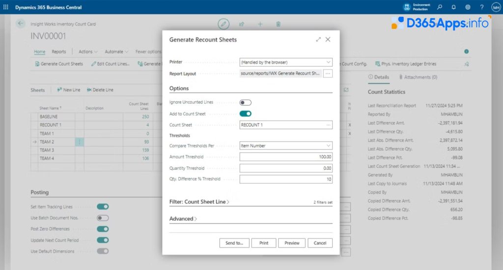 Advanced Inventory Count MS Dynamics generate recount sheets