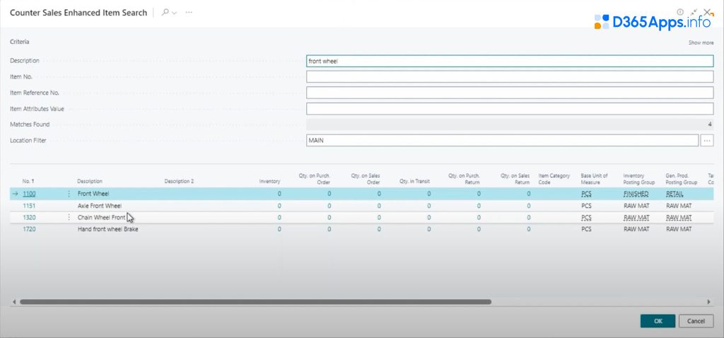 Counter Sales MS Dynamics Review Advanced Item Search