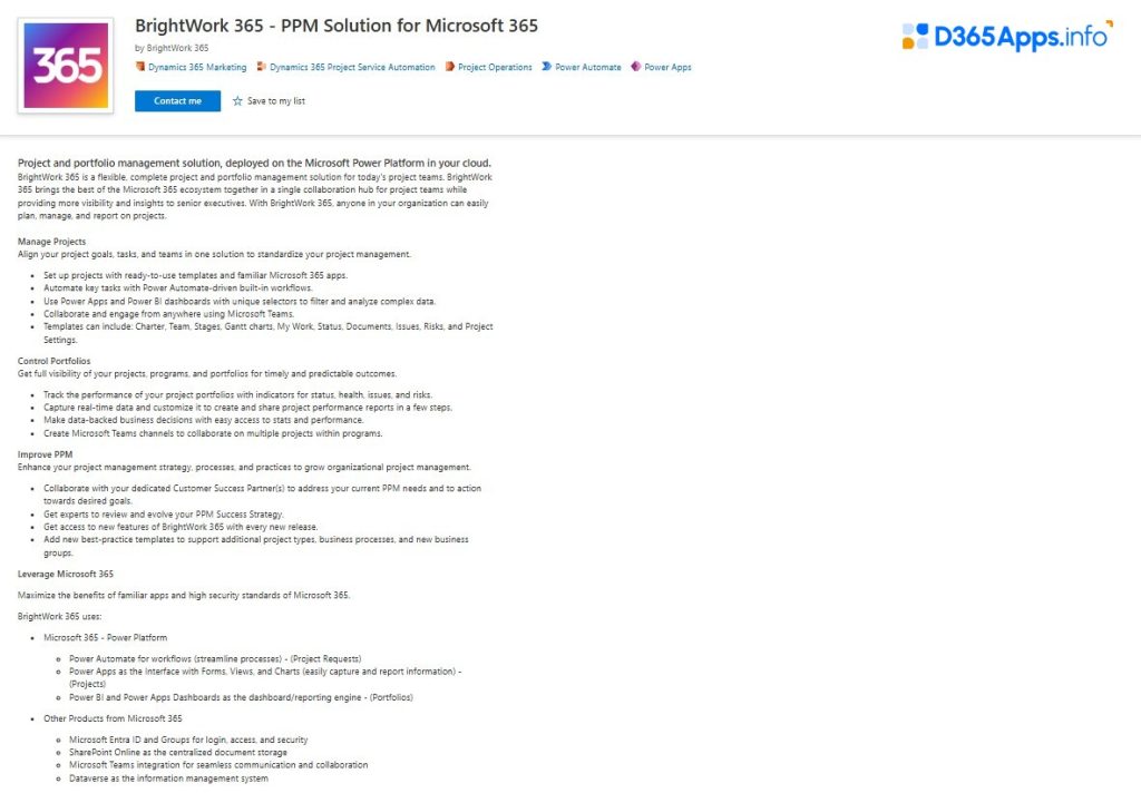 Top Collaboration Dynamics 365 Apps BrightWork 365 – PPM Solution for Microsoft 365