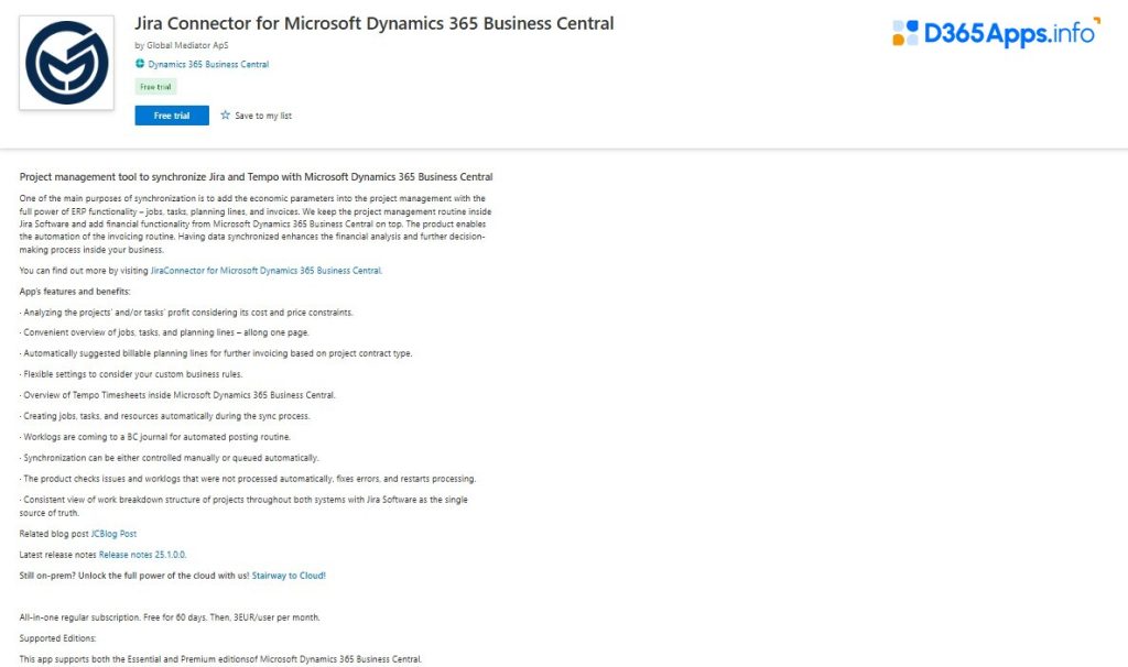 Top Collaboration Dynamics 365 Apps Jira Connector for Microsoft Dynamics 365 Business Central