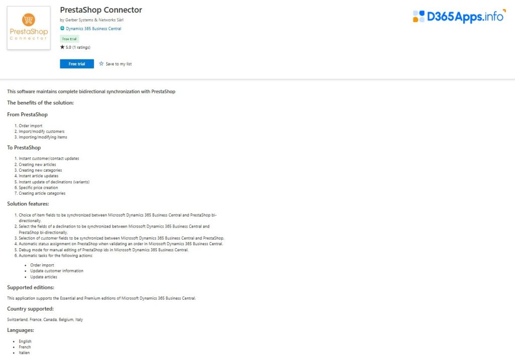 Top Commerce Dynamics 365 Apps PrestaShop Connector