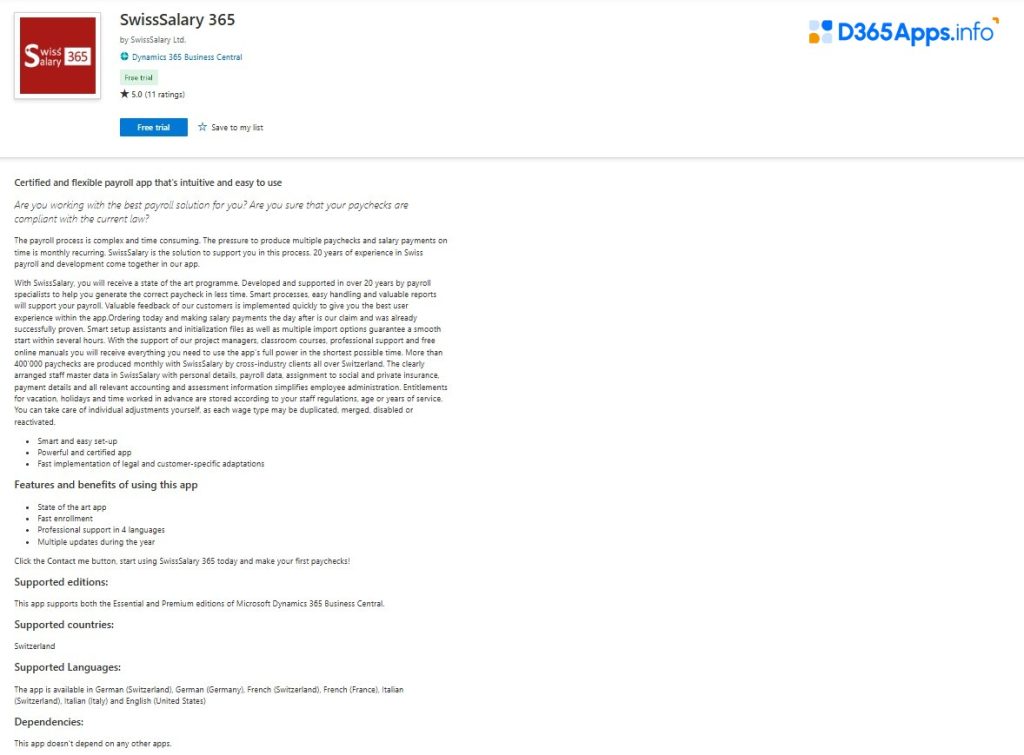 Human Resources MS Dynamics Apps SwissSalary 365
