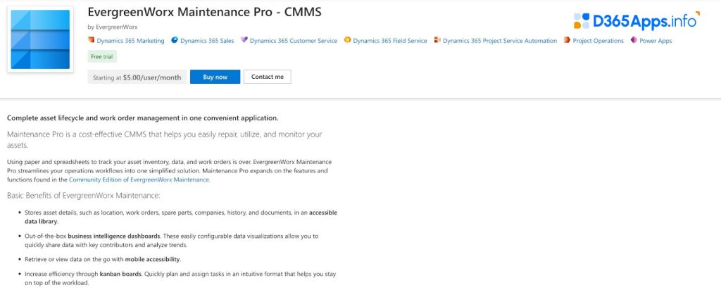 Top Operations and Supply Chain MS Dynamics Apps EvergreenWorx Maintenance Pro - CMMS