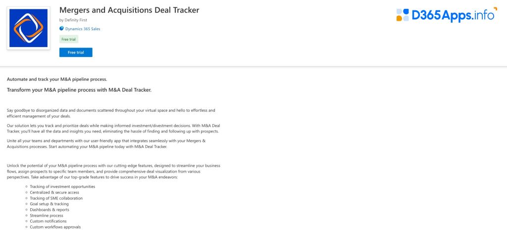 Top Sales Dynamics 365 Apps Mergers and Acquisitions Deal Tracker