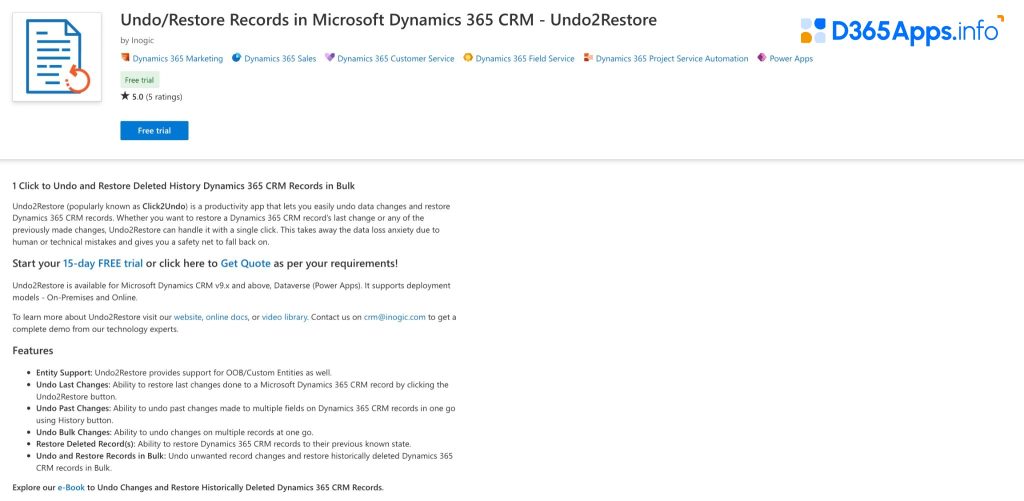 Top Sales Dynamics 365 Apps Undo2Restore
